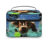 DWTJKMS Divertente borsa per il trucco con cane che nuota, organizer per cosmetici, grande capacità portatile, borse da viaggio da donna, con manico e divisore