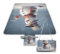 DWTJKMS Divertente tappetino da picnic natalizio con pupazzo di neve, pieghevole, impermeabile, con borsa tote grande, tappetino da picnic all'aperto, 147,3 x 147,3 cm, coperta da campeggio per