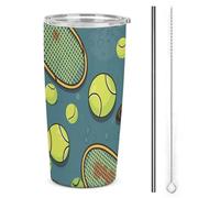 DWTJKMS Divertenti racchette da tennis e palline da tennis tazze per auto con cannuccia isolati in acciaio inossidabile bicchieri da caffè in metallo a tenuta stagna con coperchio bottiglie d'acqua di