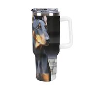 DWTJKMS Doberman, bicchiere in acciaio inox da 1,18 l, a prova di perdite, grande capacità, con manico, cannuccia a doppia parete, isolamento sottovuoto, riutilizzabile, mantiene freddo o caldo, stile