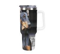 DWTJKMS Doberman, bicchiere in acciaio inox da 1,18 l, a prova di perdite, grande capacità, con manico, cannuccia a doppia parete, isolamento sottovuoto, riutilizzabile, mantiene freddo o caldo, stile