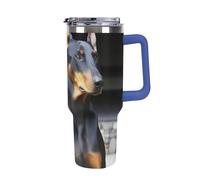 DWTJKMS Doberman, bicchiere in acciaio inox da 1,18 l, a prova di perdite, grande capacità, tazza per auto con manico e cannuccia, a doppia parete, riutilizzabile, mantiene freddo o caldo, stile blu