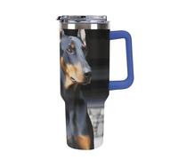 DWTJKMS Doberman, bicchiere in acciaio inox da 1,18 l, a prova di perdite, grande capacità, tazza per auto con manico e cannuccia, a doppia parete, riutilizzabile, mantiene freddo o caldo, stile blu