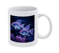 DWTJKMS Due tazze da caffè a forma di pesce blu, in ceramica bianca, con manico, in porcellana, motivo stampato, simpatiche tazze da caffè, per uomini e donne, lavabili in lavastoviglie