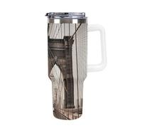 DWTJKMS Foto di Brooklyn Bridge Bicchiere in acciaio inox da 1180 ml, a prova di perdite, grande capacità, con manico, cannuccia a doppia parete, isolamento sottovuoto, riutilizzabile, mantiene freddo