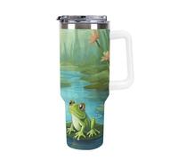DWTJKMS Frog in A Pond, bicchiere in acciaio inox da 1,18 l, a prova di perdite, grande capacità, con manico, cannuccia a doppia parete, isolamento sottovuoto, riutilizzabile, mantiene freddo o caldo