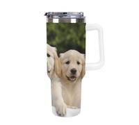 DWTJKMS Golden Retriever Puppies - Bicchiere in acciaio inox da 1,18 l, a prova di perdite, grande capacità, con manico, cannuccia a doppia parete, isolamento sottovuoto, riutilizzabile, mantiene