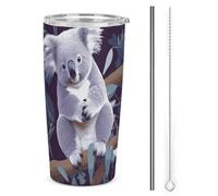 DWTJKMS Graziose tazze per auto koala con cannuccia isolate in acciaio inox, a prova di perdite, tazze da caffè in metallo con coperchio, bottiglie d'acqua di grande capacità, regalo per donne e