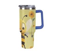 DWTJKMS Happy Bee - Bicchiere da auto in acciaio inox, a prova di perdite, grande capacità, con manico, cannuccia a doppia parete, riutilizzabile, mantiene freddo o caldo, stile blu scuro