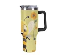 DWTJKMS Happy Bee - Bicchiere in acciaio inox da 1,18 l, a prova di perdite, grande capacità, con manico, cannuccia a doppia parete, isolamento sottovuoto, riutilizzabile, mantiene freddo o caldo