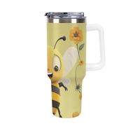 DWTJKMS Happy Bee - Bicchiere in acciaio inox da 1,18 l, a prova di perdite, grande capacità, con manico, cannuccia a doppia parete, isolamento sottovuoto, riutilizzabile, mantiene freddo o caldo