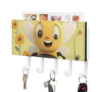 DWTJKMS Happy Bee Portachiavi da parete, stile fattoria, montaggio a parete con 5 ganci, decorazione da parete, portachiavi da appendere per ingresso o atrio, 18 cm di larghezza x 4,3 cm di altezza