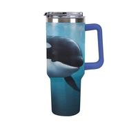 DWTJKMS Killer Whale - Bicchiere da auto in acciaio inox, a prova di perdite, grande capacità, con manico, a doppia parete, sottovuoto, riutilizzabile, mantiene freddo o caldo in stile blu scuro