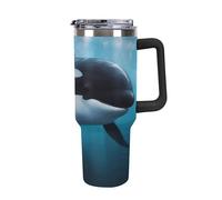DWTJKMS Killer Whale - Bicchiere da auto in acciaio inox, a prova di perdite, grande capacità, con manico, a doppia parete, sottovuoto, riutilizzabile, mantiene freddo o caldo, stile nero
