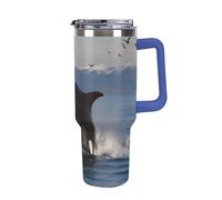 DWTJKMS Killer Whale - Bicchiere da auto in acciaio inox, a prova di perdite, grande capacità, con manico, a doppia parete, sottovuoto, riutilizzabile, mantiene freddo o caldo in stile blu scuro