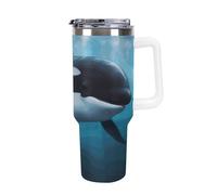 DWTJKMS Killer Whale - Bicchiere in acciaio inox da 1,18 l, a prova di perdite, grande capacità, con manico, cannuccia a doppia parete, isolamento sottovuoto, riutilizzabile, mantiene freddo o caldo