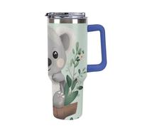DWTJKMS Koala, bicchiere in acciaio inox da 1,18 l, a prova di perdite, grande capacità, con manico, cannuccia, a doppia parete, sottovuoto, riutilizzabile, mantiene freddo o caldo, stile blu scuro