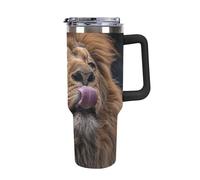 DWTJKMS Lion Sticks Out Tongue - Bicchiere in acciaio inox da 1,18 l, a prova di perdite, grande capacità, con manico, cannuccia a doppia parete, isolamento sottovuoto, riutilizzabile, mantiene freddo