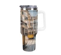 DWTJKMS Lisbon Tram - Bicchiere in acciaio inox da 1,18 l, a prova di perdite, grande capacità, con manico, cannuccia a doppia parete, isolamento sottovuoto, riutilizzabile, mantiene freddo o caldo