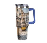 DWTJKMS Lisbon Tram - Bicchiere in acciaio inox da 1,18 l, a prova di perdite, grande capacità, con manico, cannuccia a doppia parete, isolamento sottovuoto, riutilizzabile, mantiene freddo o caldo