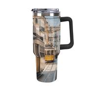 DWTJKMS Lisbon Tram - Bicchiere in acciaio inox da 1,18 l, a prova di perdite, grande capacità, con manico, cannuccia a doppia parete, isolamento sottovuoto, riutilizzabile, mantiene freddo o caldo