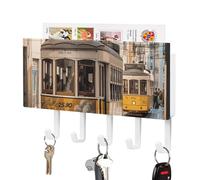 DWTJKMS Lisbon Tram Portachiavi da parete, stile fattoria, montaggio a parete con 5 ganci, decorazione da parete, portachiavi da appendere per ingresso o atrio, 18 cm di larghezza x 4,3 cm di altezza