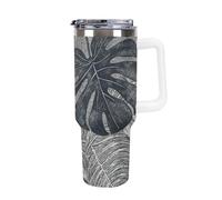 DWTJKMS Monstera Leaves - Bicchiere in acciaio inox da 1,18 l, a prova di perdite, grande capacità, con manico, cannuccia a doppia parete, isolamento sottovuoto, riutilizzabile, mantiene freddo o