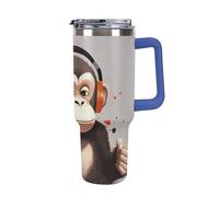 DWTJKMS Music Monkey - Bicchiere in acciaio inox da 1,18 l, a prova di perdite, grande capacità, con manico, cannuccia a doppia parete, isolamento sottovuoto, riutilizzabile, mantiene freddo o caldo
