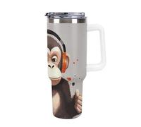 DWTJKMS Music Monkey - Bicchiere in acciaio inox da 1,18 l, a prova di perdite, grande capacità, con manico, cannuccia a doppia parete, isolamento sottovuoto, riutilizzabile, mantiene freddo o caldo