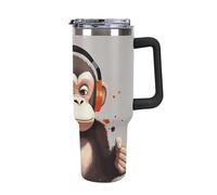 DWTJKMS Music Monkey - Bicchiere in acciaio inox da 1,18 l, a prova di perdite, grande capacità, con manico, cannuccia a doppia parete, isolamento sottovuoto, riutilizzabile, mantiene freddo o caldo