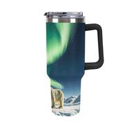 DWTJKMS Northern Lights Polar Bear, bicchiere in acciaio inox da 1,18 l, a prova di perdite, grande capacità, tazza per auto con manico e cannuccia, a doppia parete, riutilizzabile, mantiene freddo o