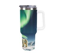 DWTJKMS Northern Lights Polar Bear, bicchiere in acciaio inox da 1,18 l, a prova di perdite, grande capacità, tazza per auto con manico e cannuccia, a doppia parete, riutilizzabile, mantiene freddo o