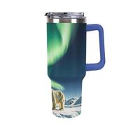 DWTJKMS Northern Lights Polar Bear, bicchiere in acciaio inox da 1,18 l, a prova di perdite, grande capacità, tazza per auto con manico e cannuccia, a doppia parete, riutilizzabile, mantiene freddo o
