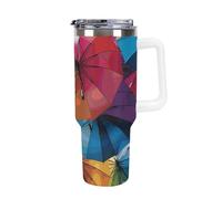 DWTJKMS Ombrello colorato in acciaio inox Tumbler 1,18 once a prova di perdite grande capacità tazza per auto con manico paglia doppia parete sottovuoto isolato tazza riutilizzabile mantiene freddo o