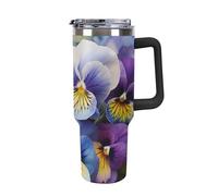 DWTJKMS Pansy Perfection - Bicchiere da auto in acciaio inox, a prova di perdite, grande capacità, con manico, cannuccia a doppia parete, riutilizzabile, mantiene freddo o caldo, stile nero