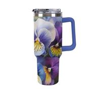 DWTJKMS Pansy Perfection - Bicchiere da auto in acciaio inox, a prova di perdite, grande capacità, con manico, cannuccia a doppia parete, riutilizzabile, mantiene freddo o caldo, in stile blu scuro