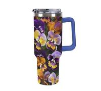 DWTJKMS Pansy Perfection - Bicchiere da auto in acciaio inox, a prova di perdite, grande capacità, con manico, cannuccia a doppia parete, riutilizzabile, mantiene freddo o caldo, in stile blu scuro