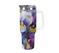 DWTJKMS Pansy Perfection - Bicchiere in acciaio inox da 1,18 l, a prova di perdite, grande capacità, con manico, cannuccia a doppia parete, isolamento sottovuoto, riutilizzabile, mantiene freddo o