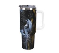 DWTJKMS Panther With Blue Eyes - Bicchiere in acciaio inox da 1,18 l, a prova di perdite, grande capacità, con manico, cannuccia a doppia parete, isolamento sottovuoto, riutilizzabile, mantiene freddo