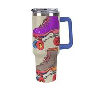 DWTJKMS Pattini a rotelle colorati retrò in acciaio inox Tumbler 1,18 once a prova di perdite grande capacità tazza auto con manico paglia doppia parete sottovuoto tazza isolante riutilizzabile