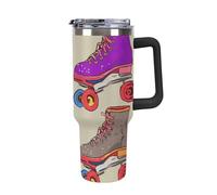 DWTJKMS Pattini a rotelle colorati retrò in acciaio inox Tumbler 1,18 once a prova di perdite grande capacità tazza auto con manico paglia doppia parete sottovuoto tazza isolante riutilizzabile