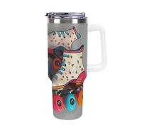 DWTJKMS Pattini a rotelle retrò colorato in acciaio inox Tumbler 1,18 once a prova di perdite grande capacità tazza auto con manico paglia doppia parete sottovuoto tazza isolante riutilizzabile
