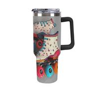 DWTJKMS Pattini a rotelle retrò colorato in acciaio inox Tumbler 1,18 oz a prova di perdite grande capacità tazza per auto con manico paglia doppia parete sottovuoto tazza riutilizzabile mantiene