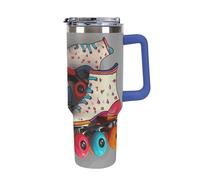 DWTJKMS Pattini a rotelle retrò colorato in acciaio inox Tumbler 1,18 oz a prova di perdite grande capacità tazza auto con manico paglia doppia parete sottovuoto tazza isolante riutilizzabile mantiene