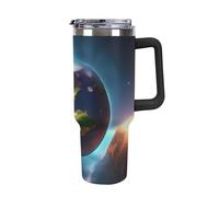 DWTJKMS Planet - Bicchiere da auto in acciaio inox, a prova di perdite, grande capacità, con manico, cannuccia, a doppia parete, sottovuoto, riutilizzabile, mantiene freddo o caldo, stile nero