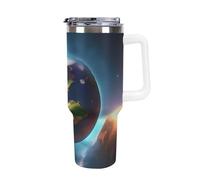 DWTJKMS Planet - Bicchiere in acciaio inox da 1,18 l, a prova di perdite, grande capacità, con manico, cannuccia, a doppia parete, sottovuoto, riutilizzabile, mantiene freddo o caldo, stile bianco