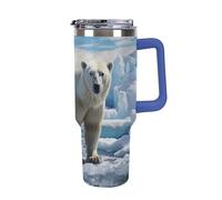DWTJKMS Polar Bear Ice - Bicchiere da auto in acciaio inox, a prova di perdite, grande capacità, con manico, cannuccia a doppia parete, riutilizzabile, mantiene freddo o caldo, stile blu scuro