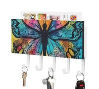 DWTJKMS Portachiavi a forma di farfalla Tie Dye per parete, stile fattoria, montaggio a parete con 5 ganci, decorazione da parete portachiavi da appendere per ingresso o atrio, 18 cm di larghezza x