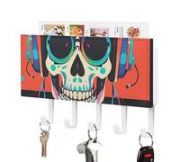 DWTJKMS Portachiavi a forma di teschio con auricolari punk rock, per parete, stile fattoria, con 5 ganci, decorazione da parete per ingresso o atrio, 18 cm di larghezza x 4,3 cm di altezza