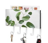 DWTJKMS Portachiavi bianco naturale con ramoscello verde per parete, stile fattoria, montaggio a parete con 5 ganci, portachiavi da appendere per ingresso o atrio, 18 cm di larghezza x 4,3 cm di